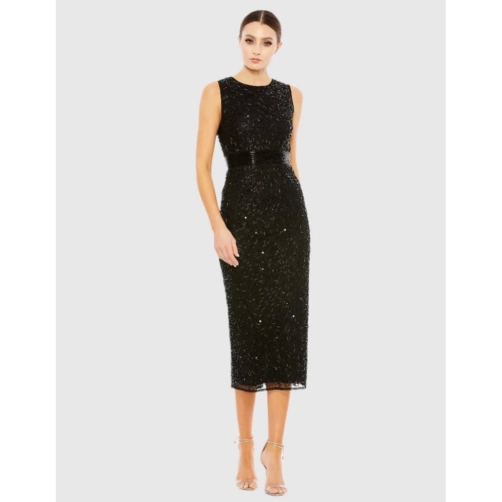 Mac Duggal 93758 Black Beaded Sequin Sleeveless Midi Dress Womens 2 New